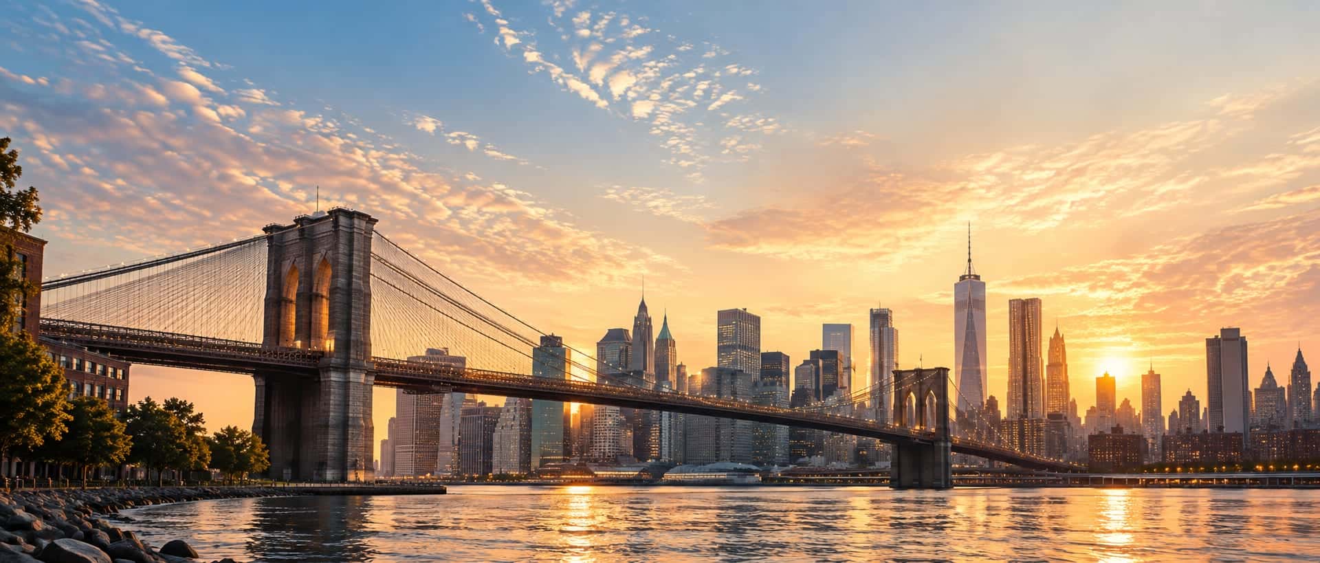 The Brooklyn Bridge and the lower Manhattan skyline at sunset